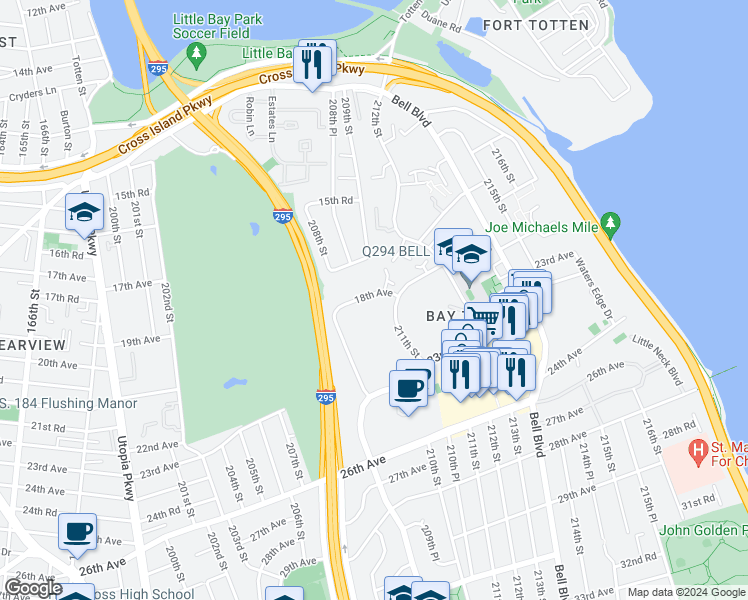map of restaurants, bars, coffee shops, grocery stores, and more near in Queens