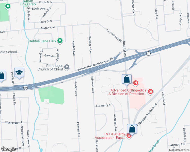 map of restaurants, bars, coffee shops, grocery stores, and more near 311 Robinson Avenue in East Patchogue