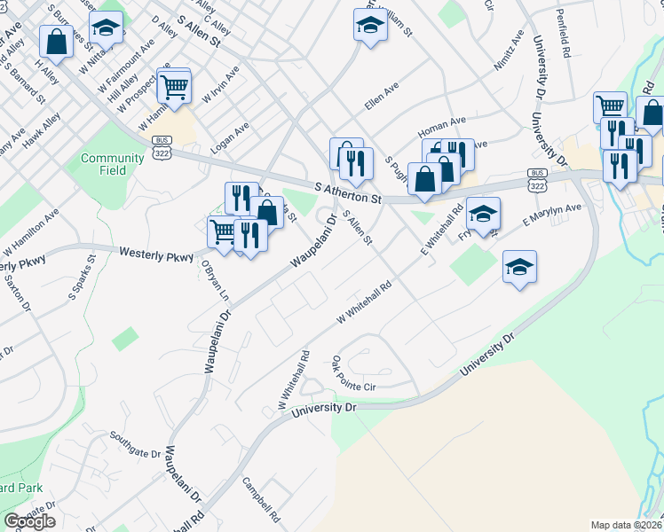map of restaurants, bars, coffee shops, grocery stores, and more near 142 West South Hills Avenue in State College