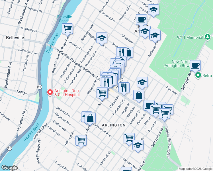 map of restaurants, bars, coffee shops, grocery stores, and more near 212 Belleville Turnpike in Kearny