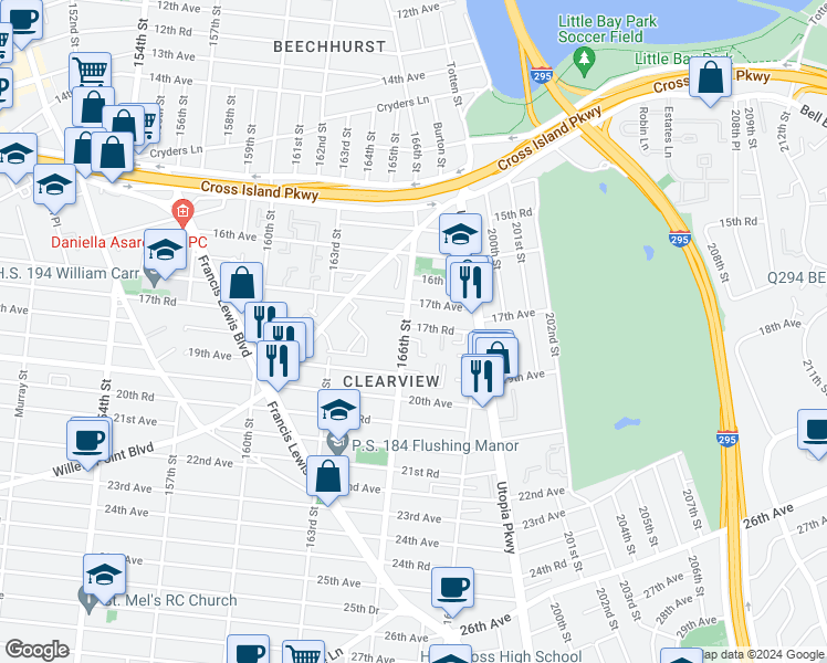 map of restaurants, bars, coffee shops, grocery stores, and more near 166-2 17th Road in Queens