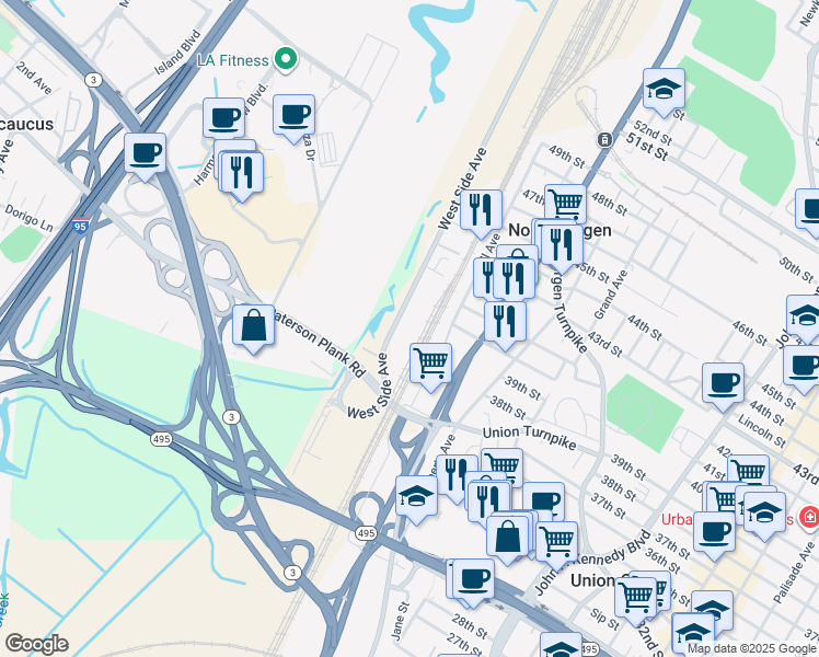 map of restaurants, bars, coffee shops, grocery stores, and more near 4001 Dell Avenue in North Bergen
