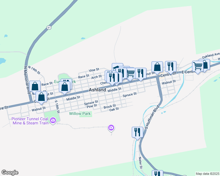 map of restaurants, bars, coffee shops, grocery stores, and more near 1000 Centre Street in Ashland