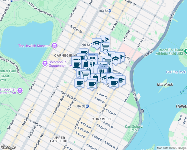 map of restaurants, bars, coffee shops, grocery stores, and more near 1623 3rd Avenue in New York