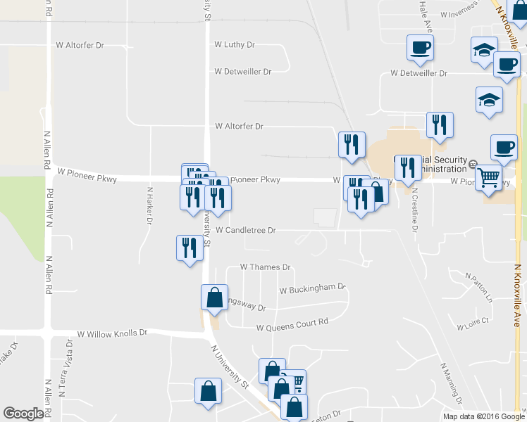 map of restaurants, bars, coffee shops, grocery stores, and more near 1621 West Candletree Drive in Peoria