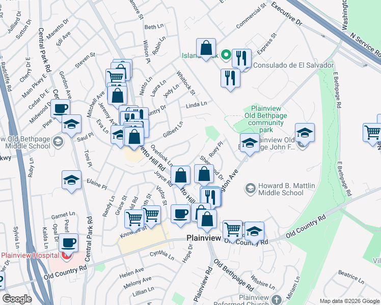 map of restaurants, bars, coffee shops, grocery stores, and more near 17 Avondale Road in Plainview