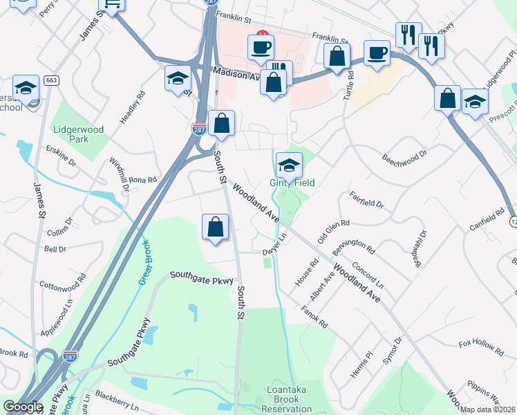 map of restaurants, bars, coffee shops, grocery stores, and more near 35 Woodland Avenue in Morristown