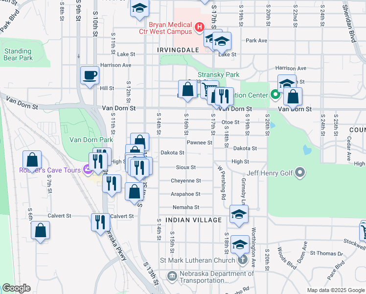 map of restaurants, bars, coffee shops, grocery stores, and more near 1601 Pawnee Street in Lincoln