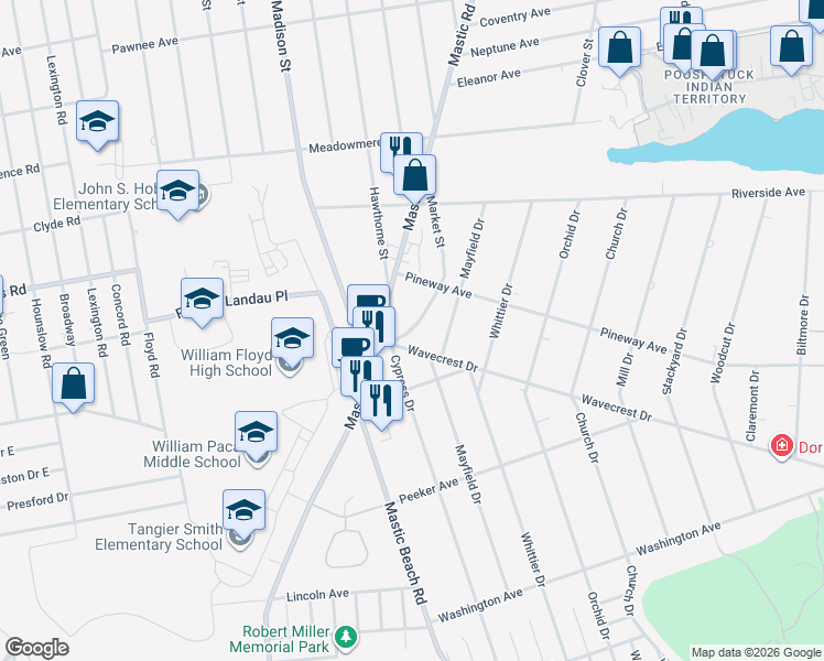 map of restaurants, bars, coffee shops, grocery stores, and more near 15 Market Street in Mastic Beach