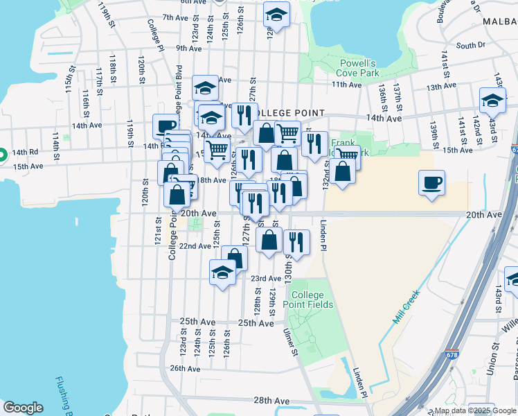 map of restaurants, bars, coffee shops, grocery stores, and more near 127-17 20th Avenue in Queens