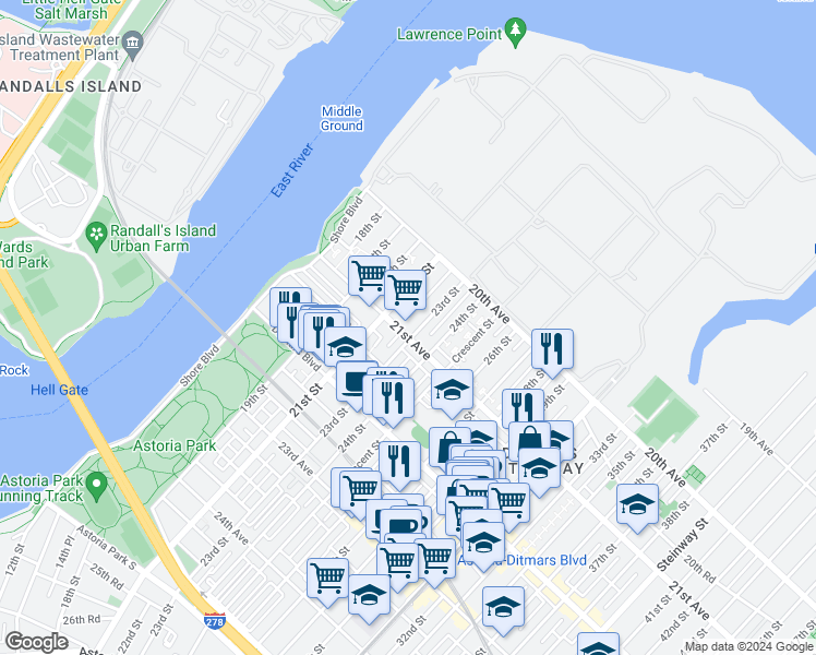 map of restaurants, bars, coffee shops, grocery stores, and more near 21-31 21st Avenue in Queens