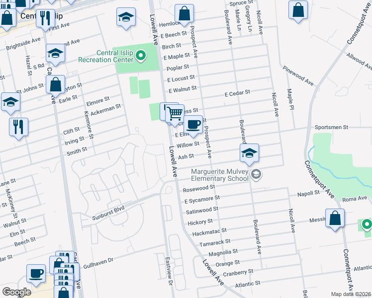 map of restaurants, bars, coffee shops, grocery stores, and more near 6 Willow Street in Central Islip
