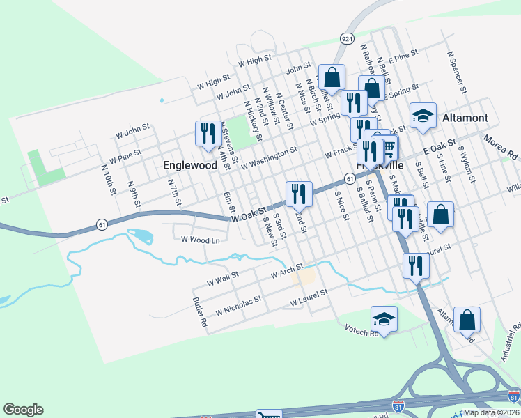 map of restaurants, bars, coffee shops, grocery stores, and more near 521 West Oak Street in Frackville