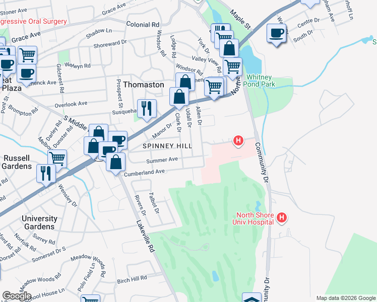 map of restaurants, bars, coffee shops, grocery stores, and more near 111 Udall Drive in Great Neck
