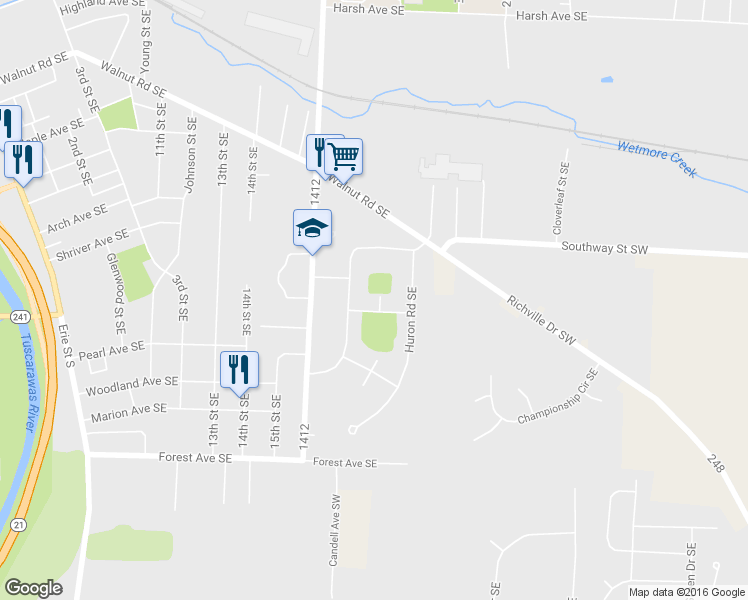 map of restaurants, bars, coffee shops, grocery stores, and more near 1726 Osage Avenue Southeast in Massillon