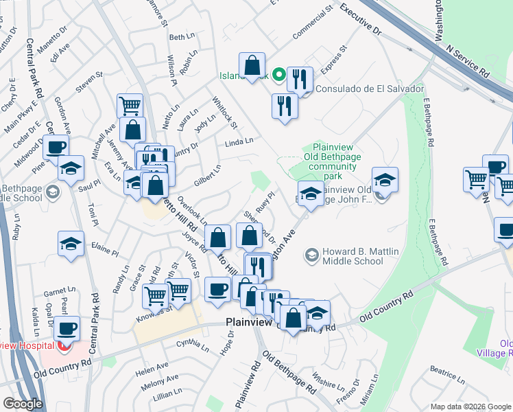 map of restaurants, bars, coffee shops, grocery stores, and more near 3 Ruey Place in Plainview