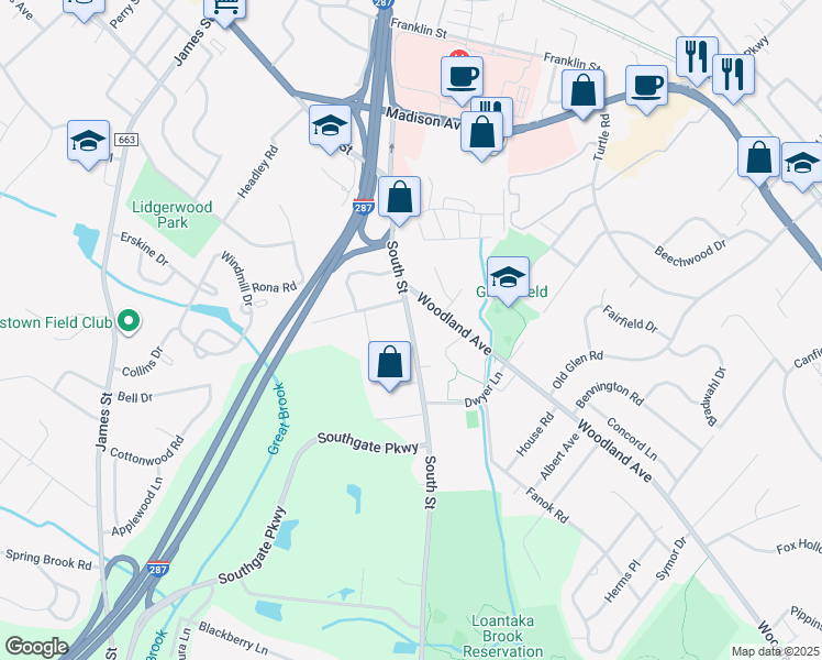 map of restaurants, bars, coffee shops, grocery stores, and more near 360 South Street in Morristown