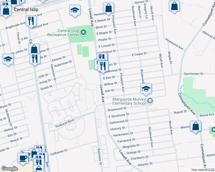 map of restaurants, bars, coffee shops, grocery stores, and more near 6 Willow Street in Central Islip