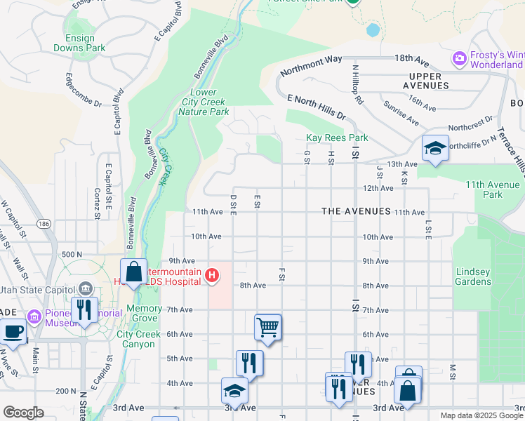 map of restaurants, bars, coffee shops, grocery stores, and more near 552 E Street East in Salt Lake City