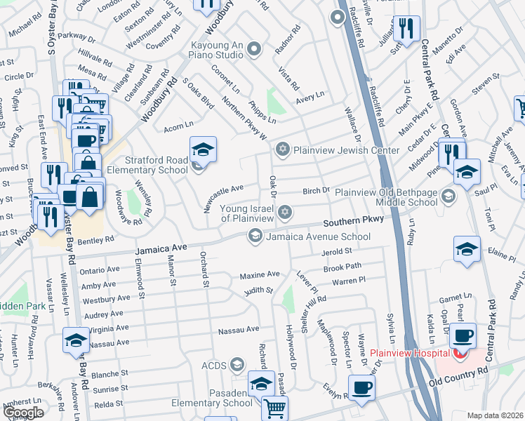 map of restaurants, bars, coffee shops, grocery stores, and more near 95 Plymouth Road in Plainview