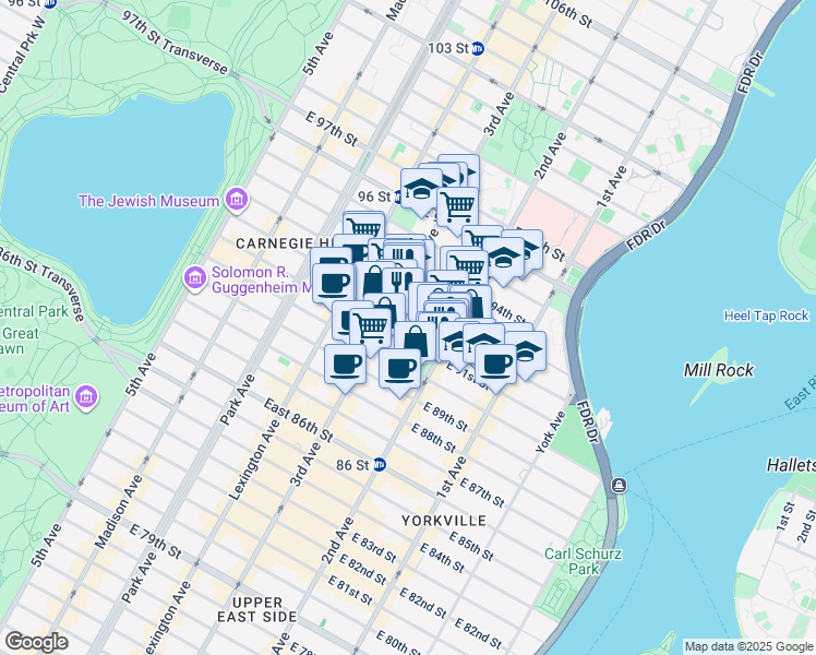 map of restaurants, bars, coffee shops, grocery stores, and more near in New York