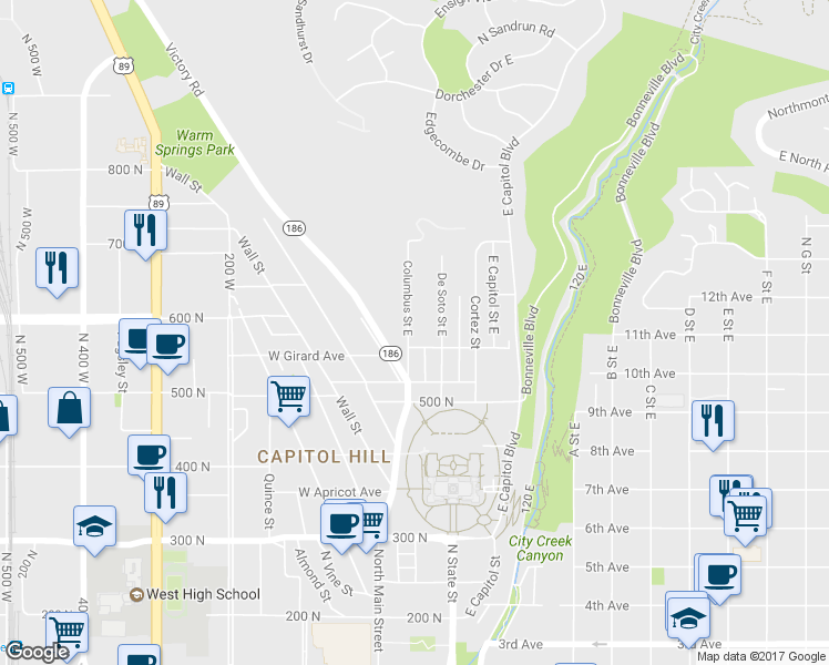 map of restaurants, bars, coffee shops, grocery stores, and more near 576 Columbus Street East in Salt Lake City