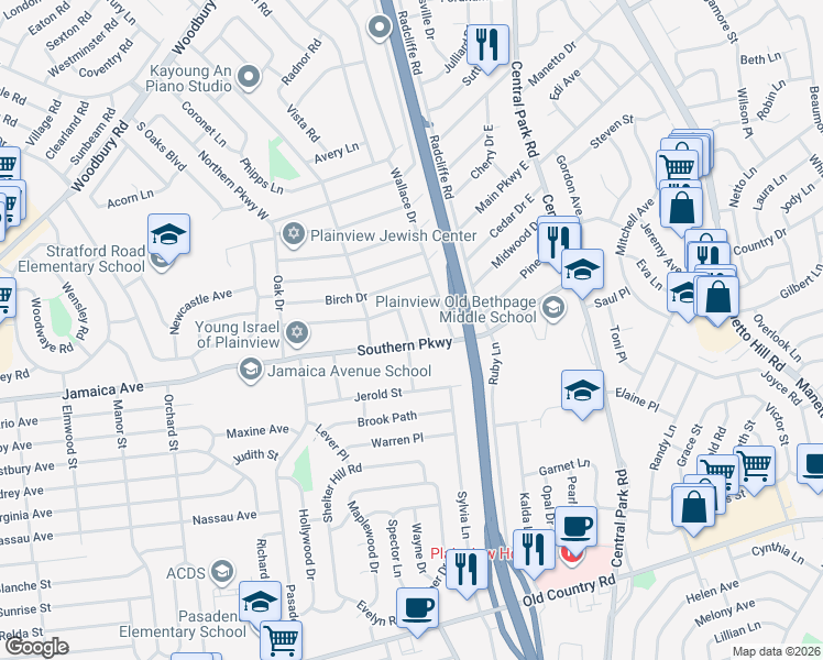 map of restaurants, bars, coffee shops, grocery stores, and more near 9 Arthur Place in Plainview