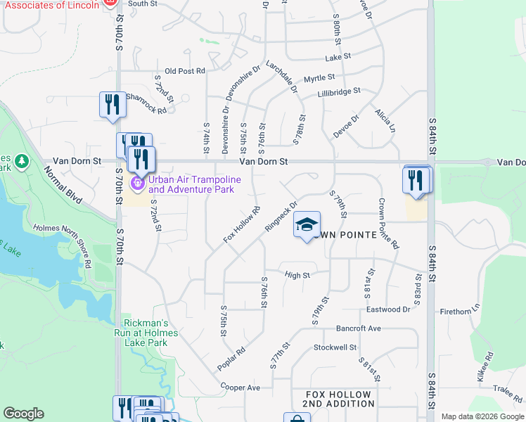 map of restaurants, bars, coffee shops, grocery stores, and more near 2912 Fox Hollow Road in Lincoln