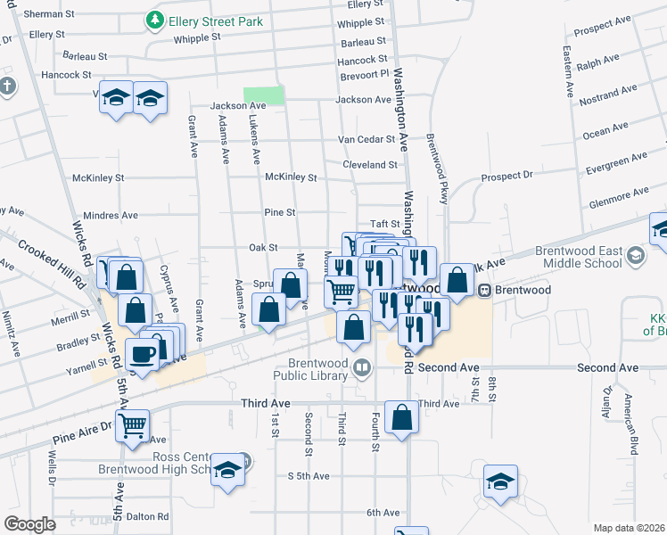 map of restaurants, bars, coffee shops, grocery stores, and more near 17 Monroe Avenue in Brentwood