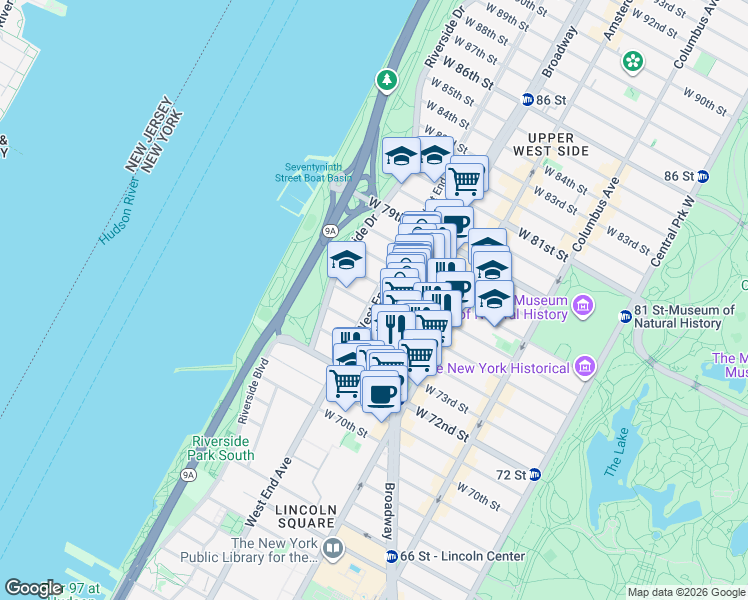 map of restaurants, bars, coffee shops, grocery stores, and more near 323 West End Avenue in New York
