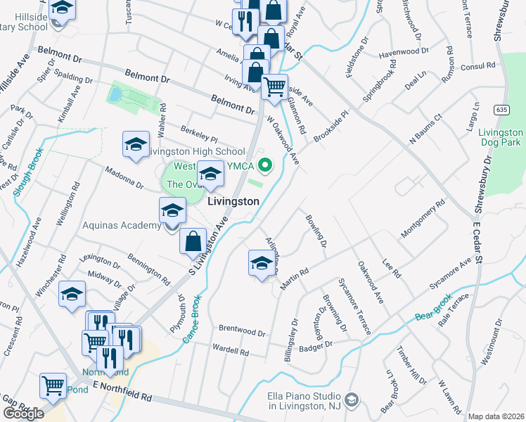 map of restaurants, bars, coffee shops, grocery stores, and more near 95 Falcon Road in Livingston