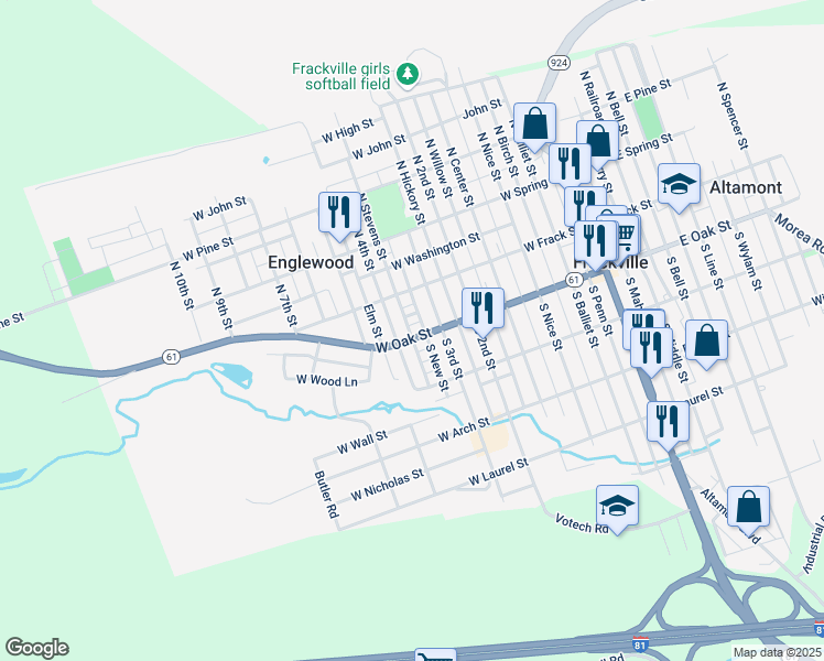 map of restaurants, bars, coffee shops, grocery stores, and more near 531 West Oak Street in Frackville