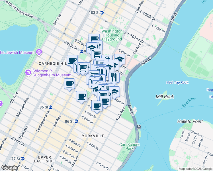 map of restaurants, bars, coffee shops, grocery stores, and more near 323 East 93rd Street in New York