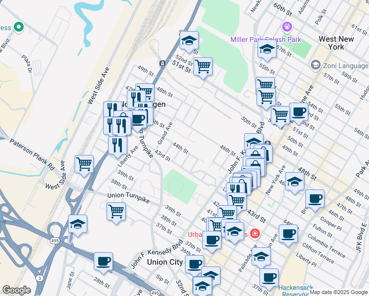 map of restaurants, bars, coffee shops, grocery stores, and more near 1410 44th Street in North Bergen