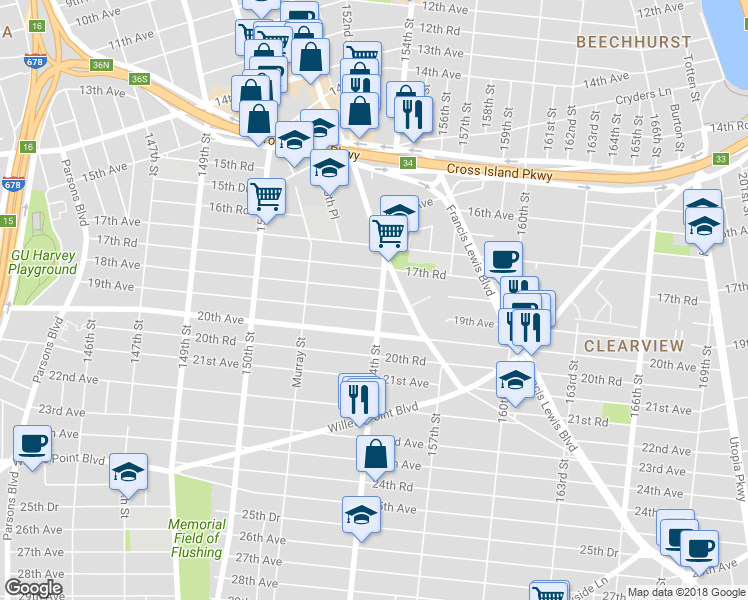 map of restaurants, bars, coffee shops, grocery stores, and more near 18-10 154th Street in Queens