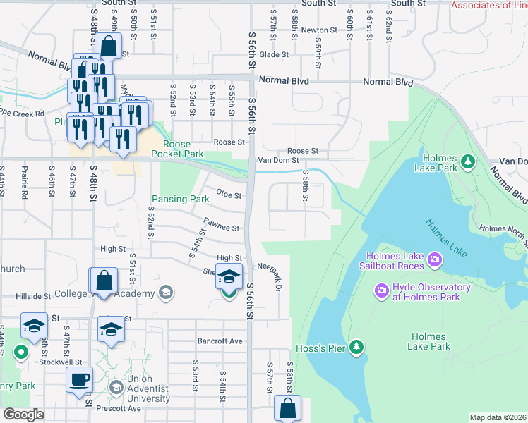map of restaurants, bars, coffee shops, grocery stores, and more near 3007 South 57th Street in Lincoln