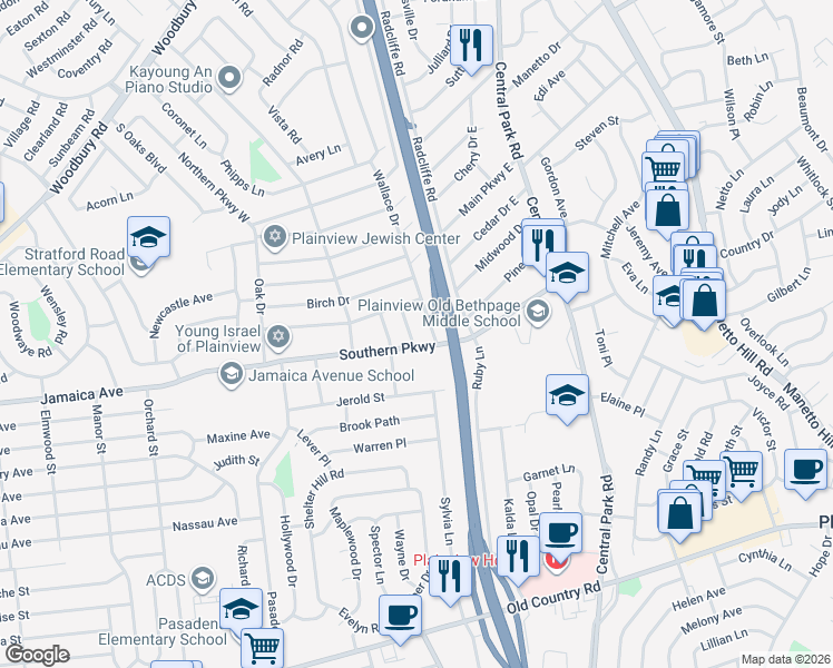 map of restaurants, bars, coffee shops, grocery stores, and more near 2 Wallace Drive in Plainview