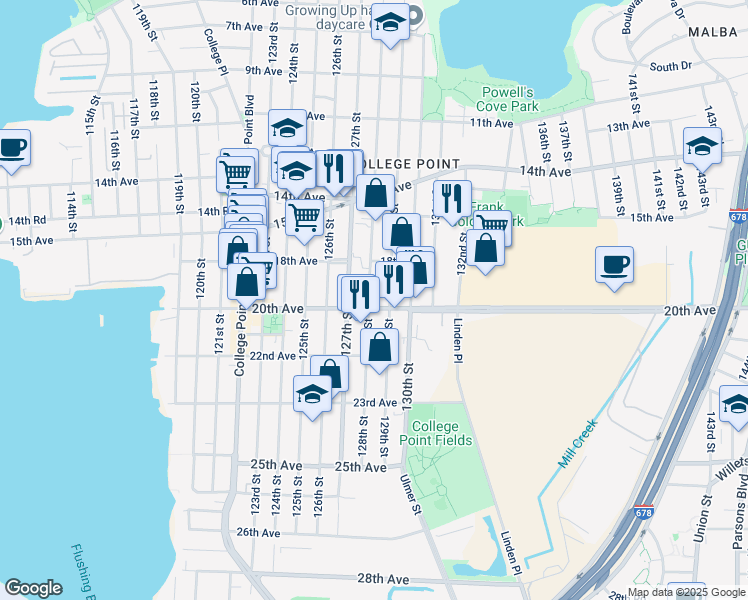 map of restaurants, bars, coffee shops, grocery stores, and more near 127-17 20th Avenue in Queens