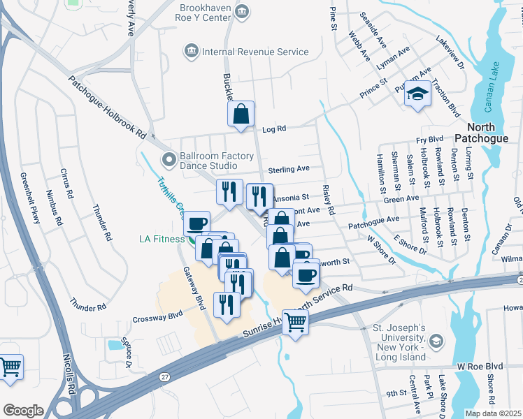 map of restaurants, bars, coffee shops, grocery stores, and more near 30 Buckley Road in Patchogue