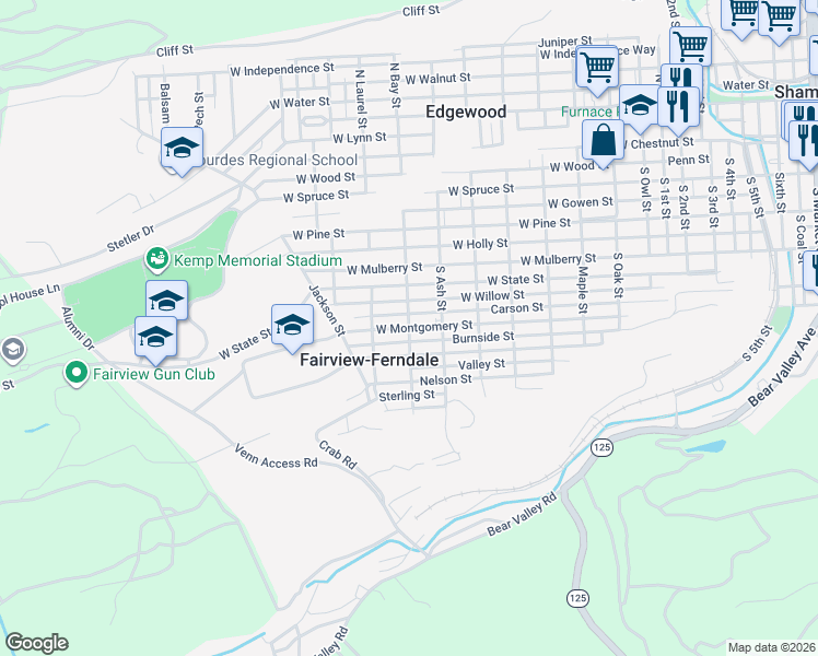 map of restaurants, bars, coffee shops, grocery stores, and more near West Montgomery Street in Northumberland County