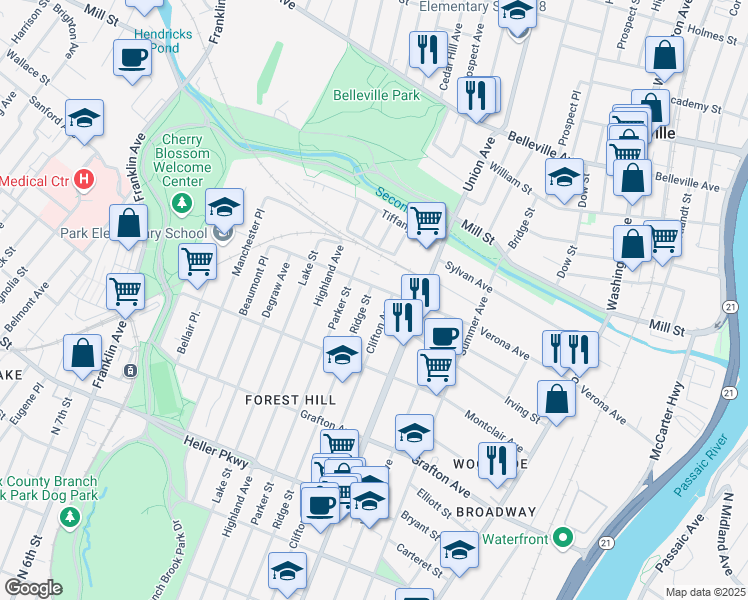 map of restaurants, bars, coffee shops, grocery stores, and more near 825 Ridge Street in Newark