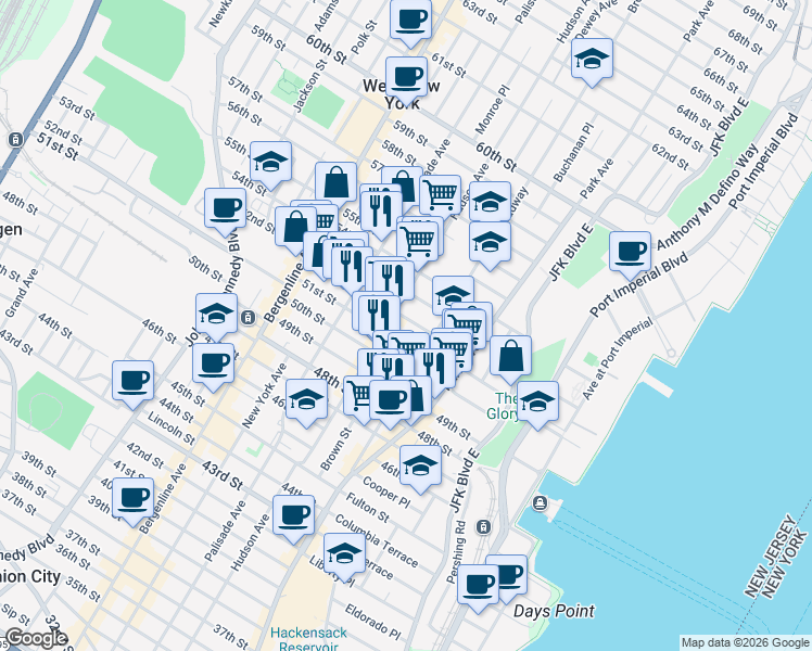 map of restaurants, bars, coffee shops, grocery stores, and more near 223 52nd Street in West New York