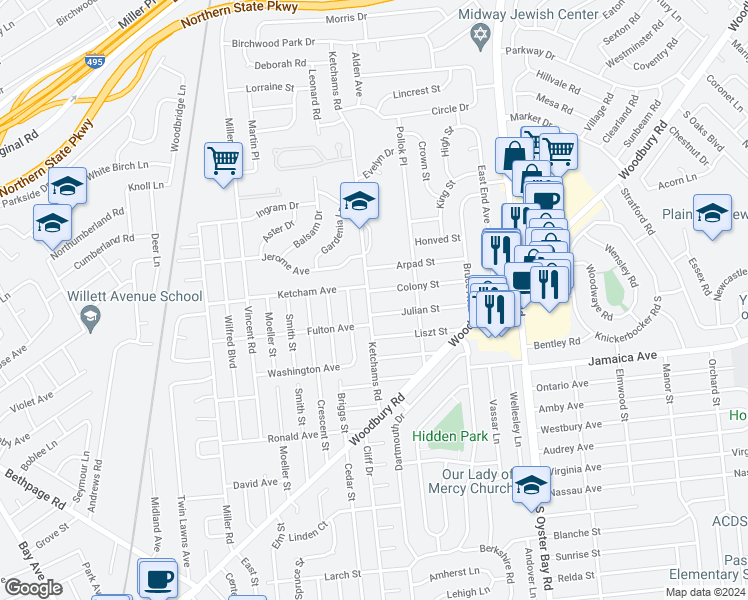 map of restaurants, bars, coffee shops, grocery stores, and more near 53 Ketchams Road in Hicksville