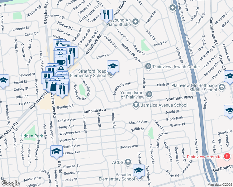 map of restaurants, bars, coffee shops, grocery stores, and more near 7 Newcastle Avenue in Plainview