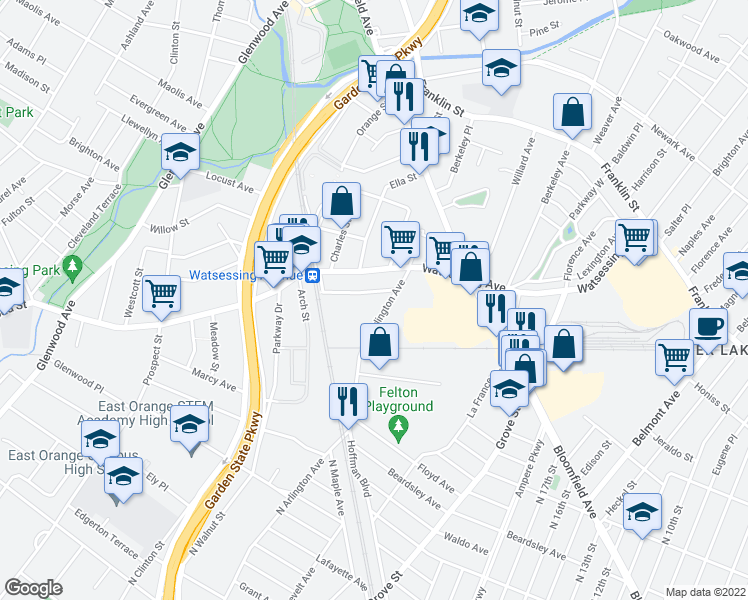 map of restaurants, bars, coffee shops, grocery stores, and more near 55 Arlington Avenue in Bloomfield