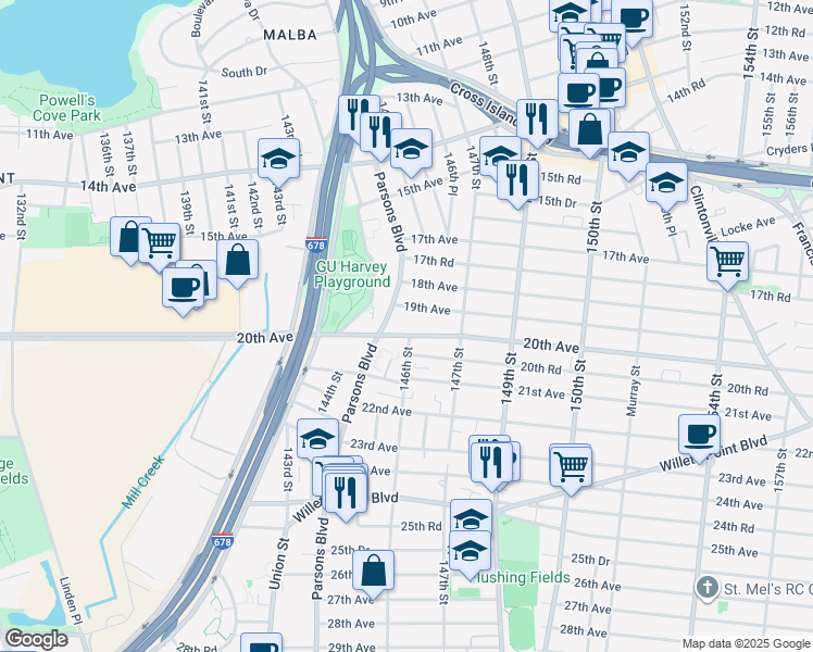 map of restaurants, bars, coffee shops, grocery stores, and more near 145-31 20th Avenue in Queens