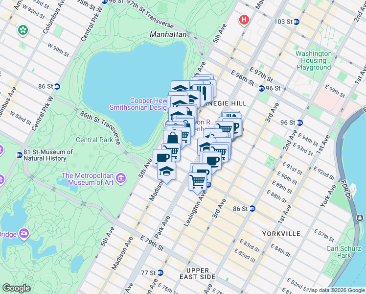 map of restaurants, bars, coffee shops, grocery stores, and more near 40 East 88th Street in New York
