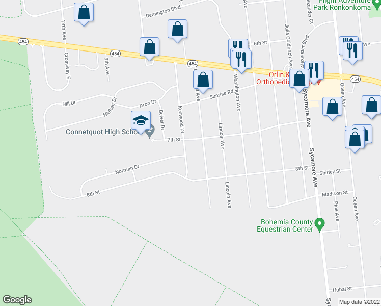 map of restaurants, bars, coffee shops, grocery stores, and more near 108 Kenwood Drive in Bohemia