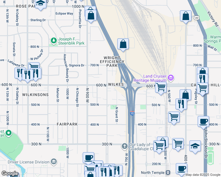 map of restaurants, bars, coffee shops, grocery stores, and more near 580 North 8th West in Salt Lake City