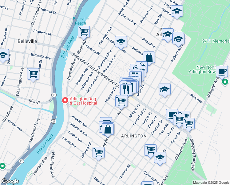 map of restaurants, bars, coffee shops, grocery stores, and more near 130 Pleasant Pl in Kearny